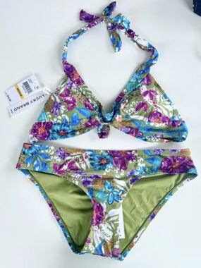 Lucky Brand Army Green Floral Bikini